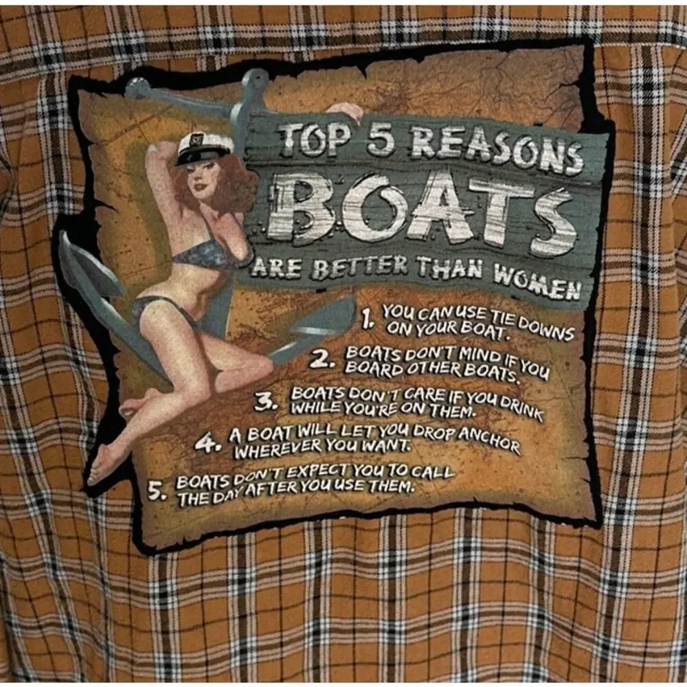 Boating Plaid Flannel Shirt XL Oversized 5 Reasons Boats are Better than Women - Picture 2 of 6